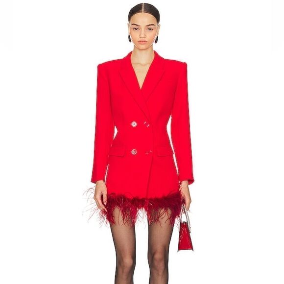 NBD Yvette Blazer Dress Scarlet Red feather trim mini party Revolve L NWT